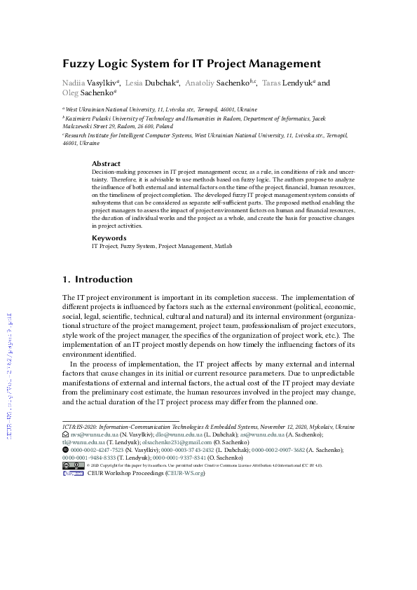 (PDF) Fuzzy Logic System for IT Project Management