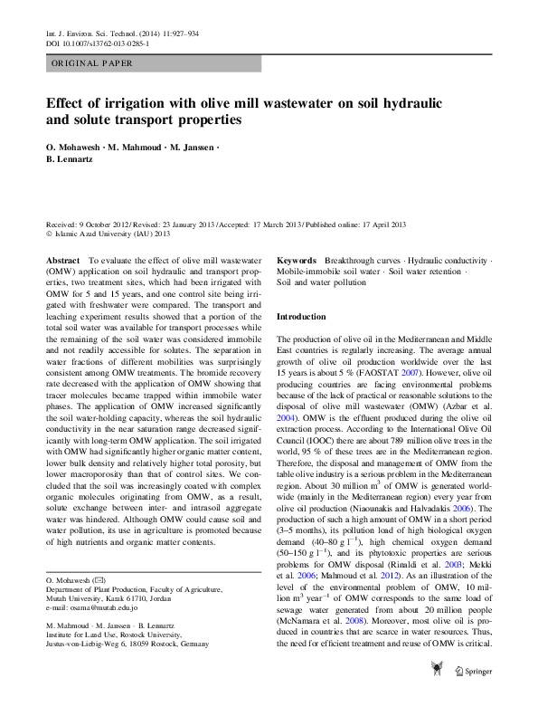 (PDF) Effect of irrigation with olive mill wastewater on soil hydraulic ...