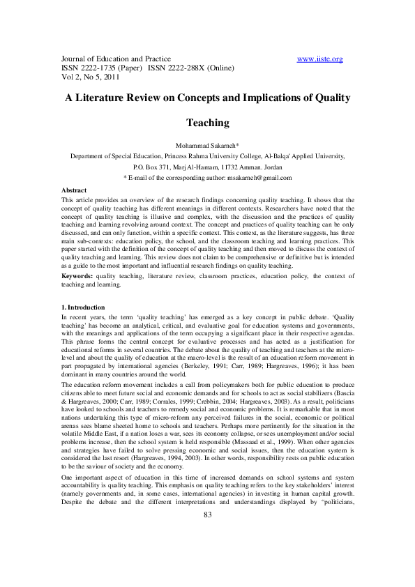 (PDF) A Literature Review on Concepts and Implications of Quality Teaching