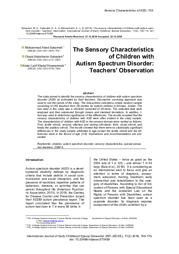 (PDF) The sensory characteristics of children with autism spectrum ...