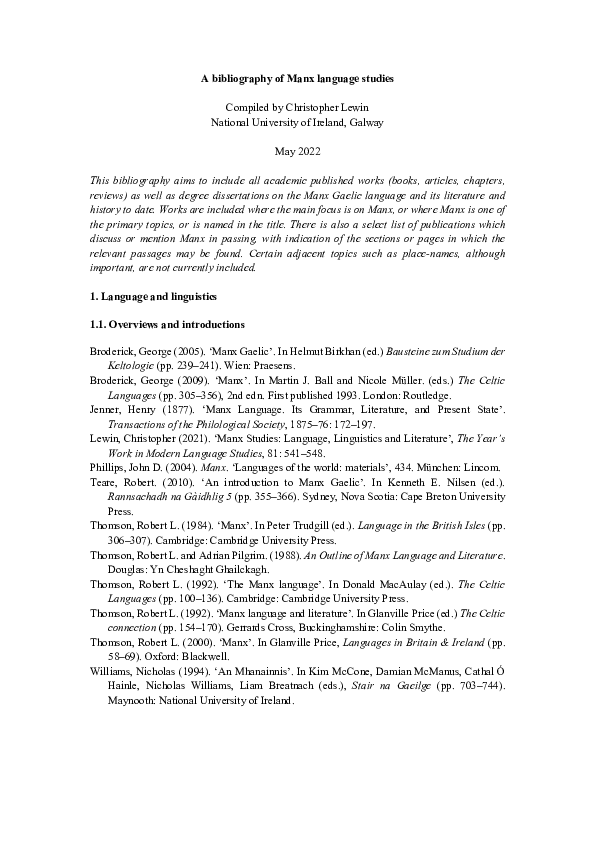 (PDF) A bibliography of Manx language studies (May 2022)