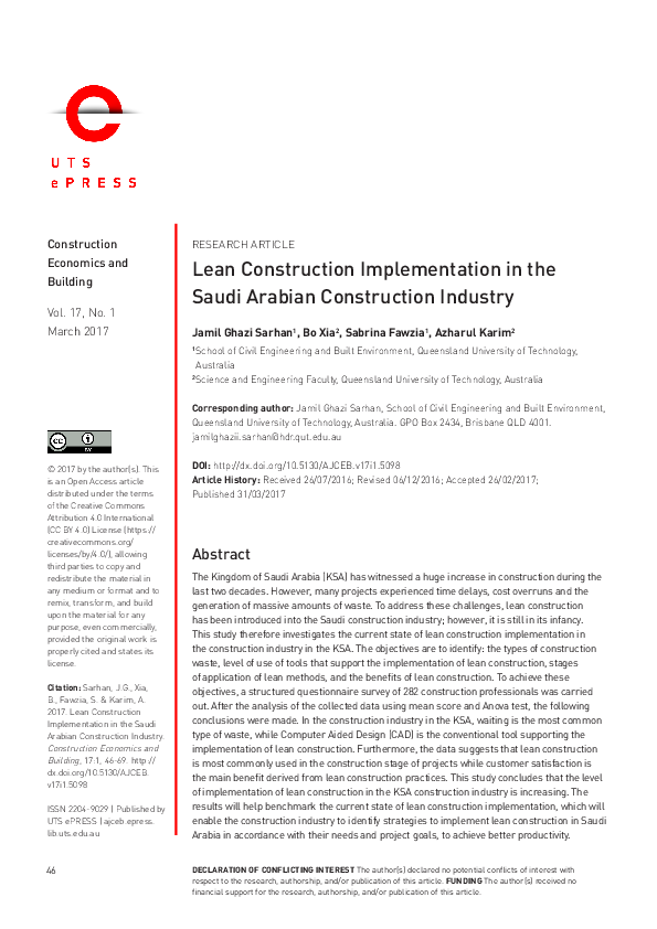 (PDF) Lean Construction Implementation in the Saudi Arabian ...