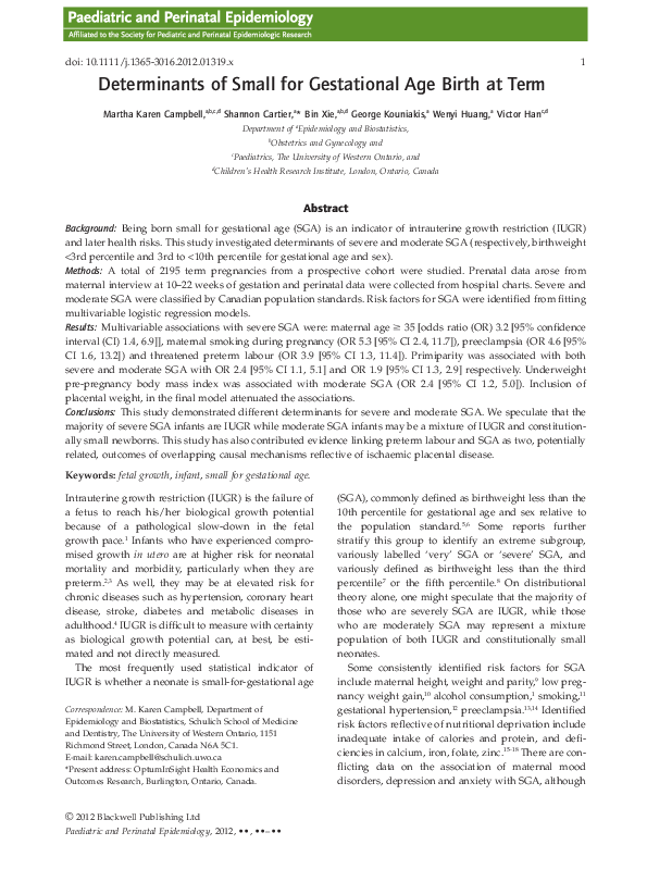 (PDF) Determinants of Small for Gestational Age Birth at Term