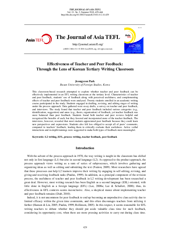 (PDF) Effectiveness of Teacher and Peer Feedback : Through the Lens of ...