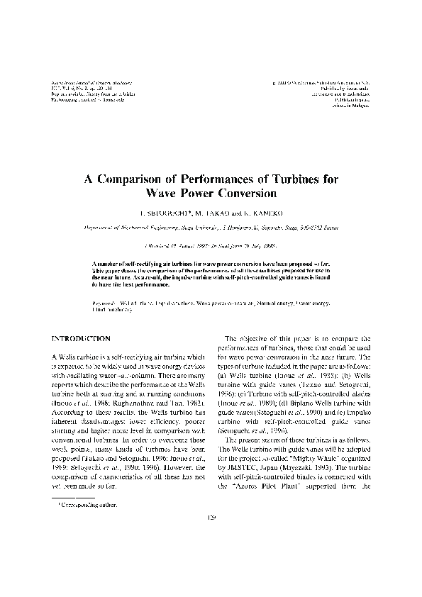 (PDF) A Comparison of Performances of Turbines for Wave Power Conversion