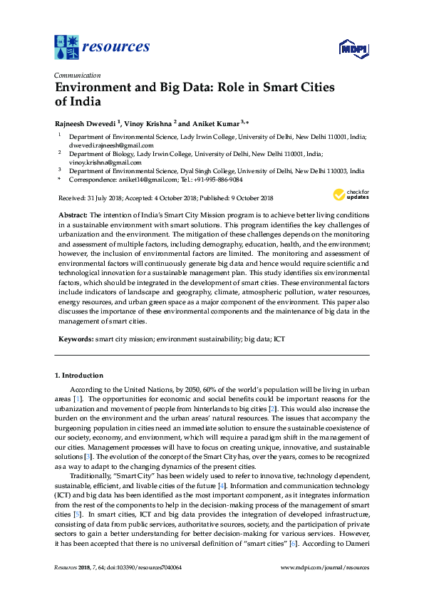 (PDF) Environment and Big Data: Role in Smart Cities of India