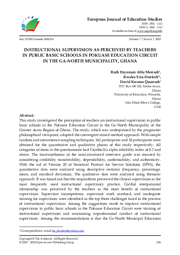(PDF) Instructional Supervision as Perceived by Teachers in Public ...