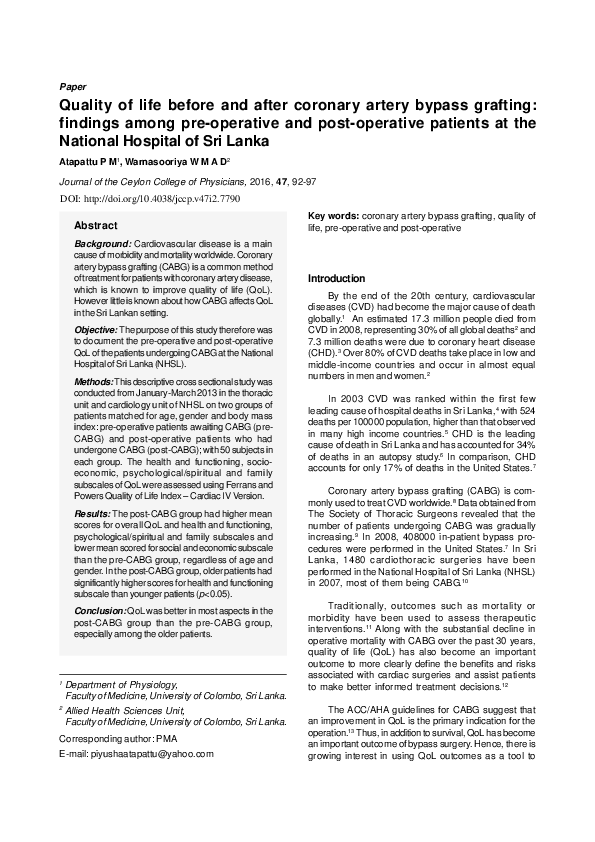 (PDF) Quality of life before and after coronary artery bypass grafting ...