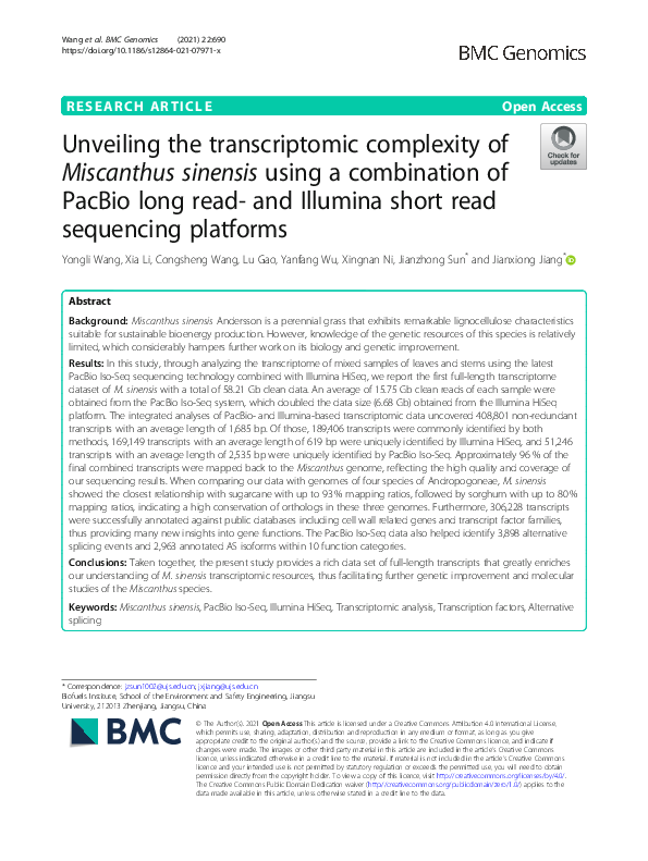 (PDF) Unveiling the transcriptomic complexity of Miscanthus sinensis ...