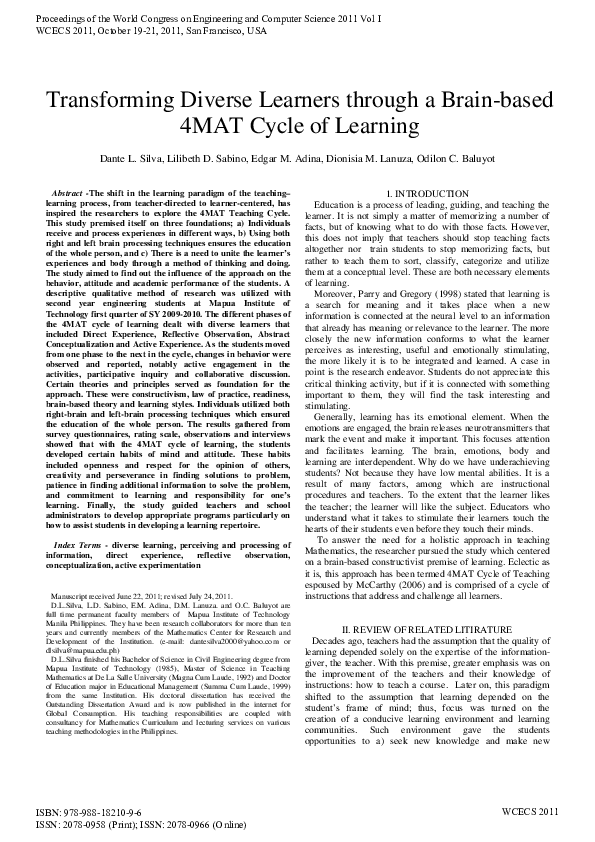 (PDF) Transforming Diverse Learners through a Brain-based 4MAT Cycle of ...