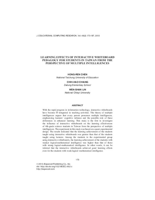 (PDF) Learning Effects of Interactive Whiteboard Pedagogy for Students ...