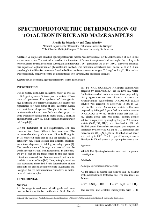 (PDF) Spectrophotometric Determination of Total Iron in Rice and Maize