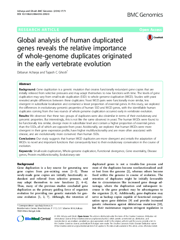 (PDF) Global analysis of human duplicated genes reveals the relative ...