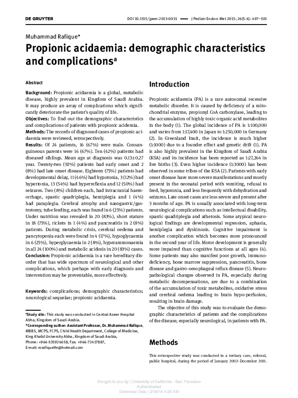  PDF Propionic Acidaemia Demographic Characteristics And 
