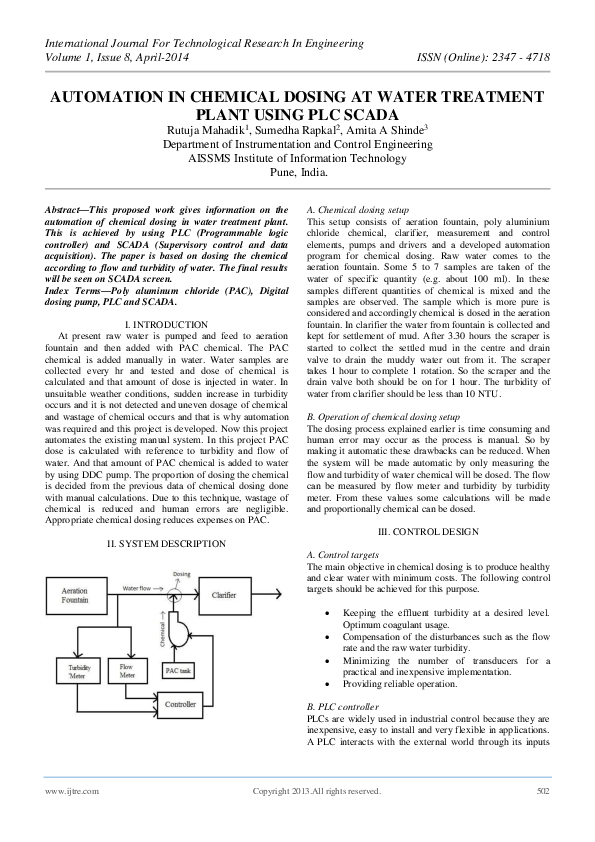 (PDF) Automation in Chemical Dosing at Water Treatment Plant Using PLC Scada amita Shinde