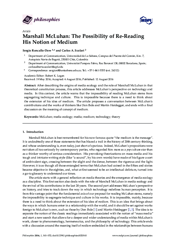 Marshall McLuhan: The Possibility of Re-Reading His Notion of Medium