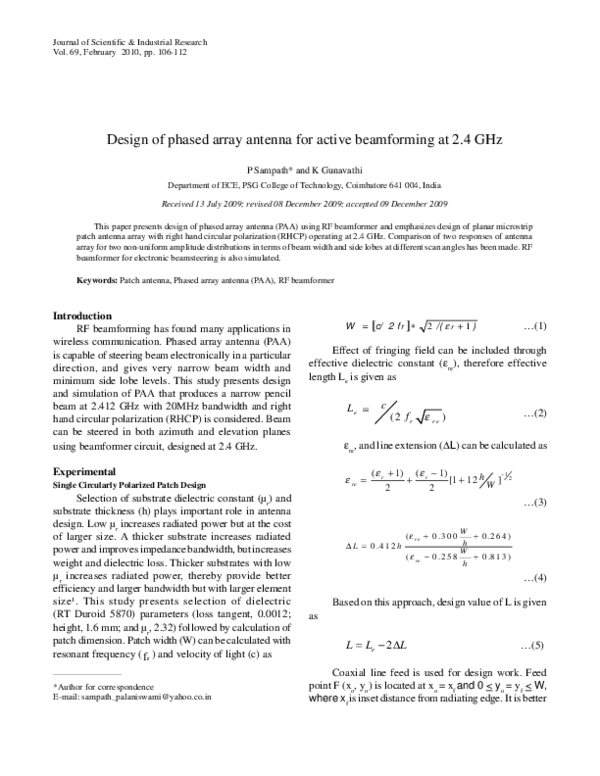 (PDF) Design of phased array antenna for active beamforming at 2.4 GHz
