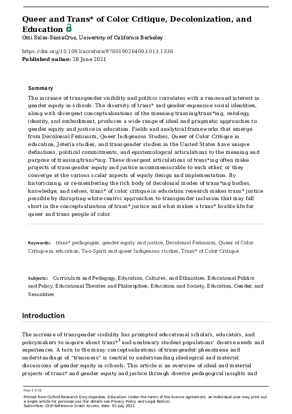 (PDF) Queer and Trans* of Color Critique, Decolonization, and Education