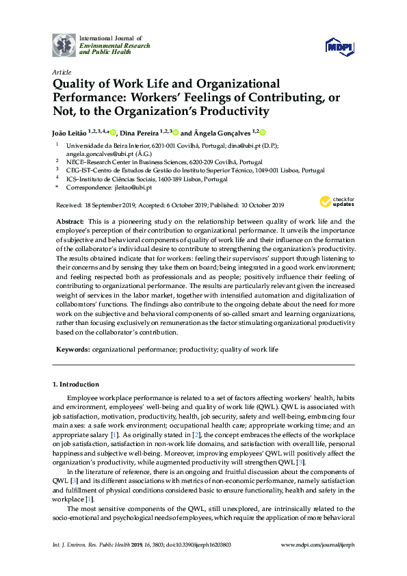 (PDF) Quality of Work Life and Organizational Performance: Workers ...