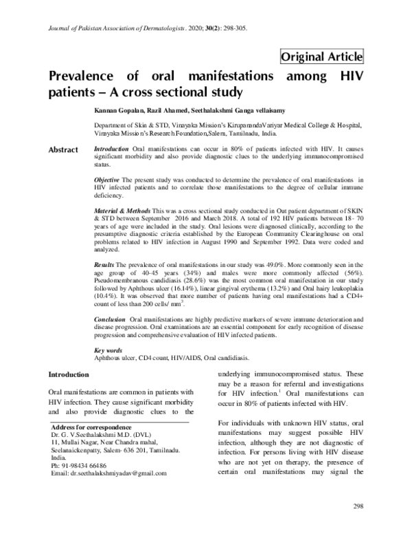 (PDF) Prevalence of oral manifestations among HIV patients – A cross ...