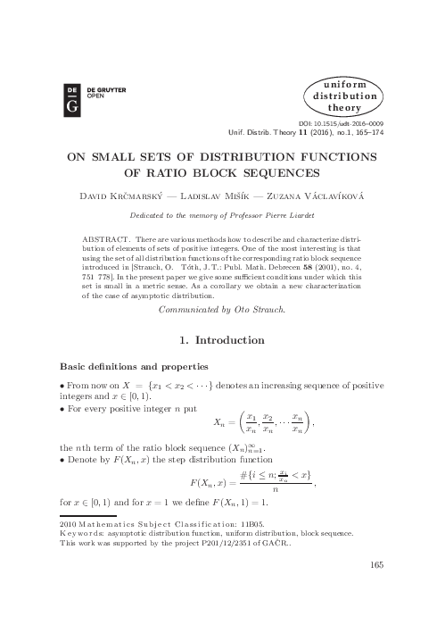 (PDF) On Small Sets of Distribution Functions of Ratio Block Sequences