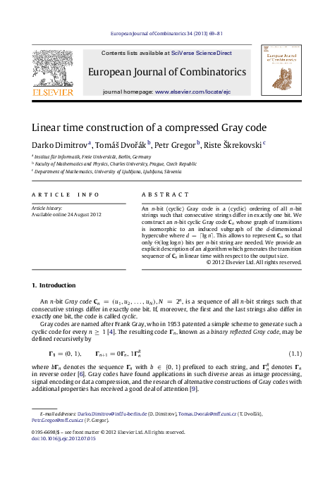 (PDF) Linear time construction of a compressed Gray code