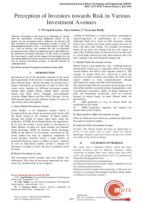 (PDF) Perception of Investors towards Risk in Various Investment Avenues