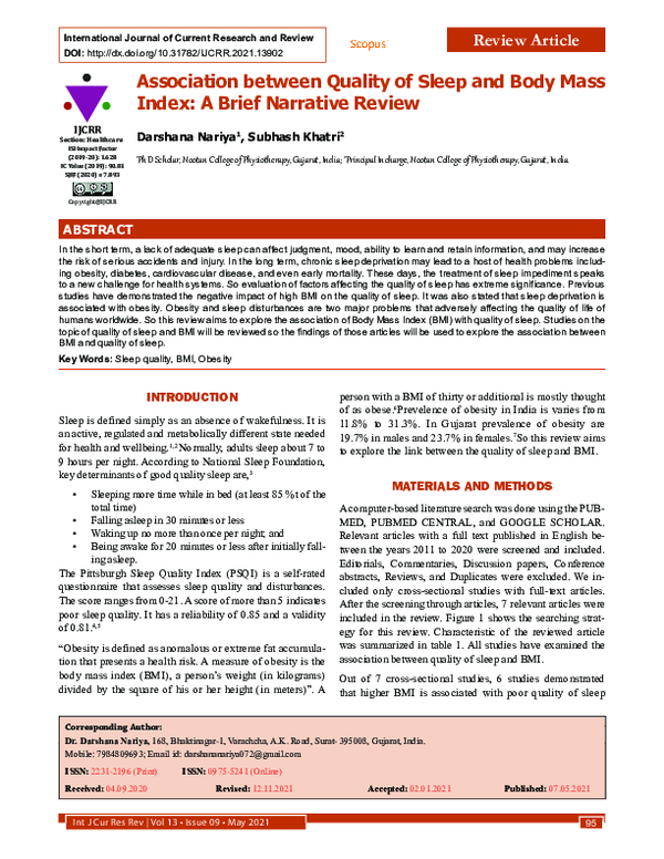 (PDF) Association between Quality of Sleep and Body Mass Index: A Brief ...