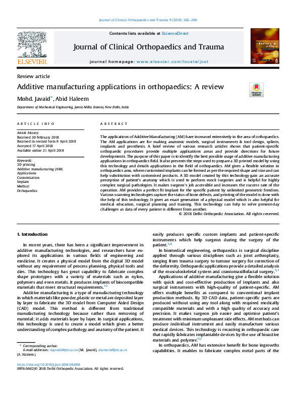 (PDF) Additive manufacturing applications in orthopaedics A review