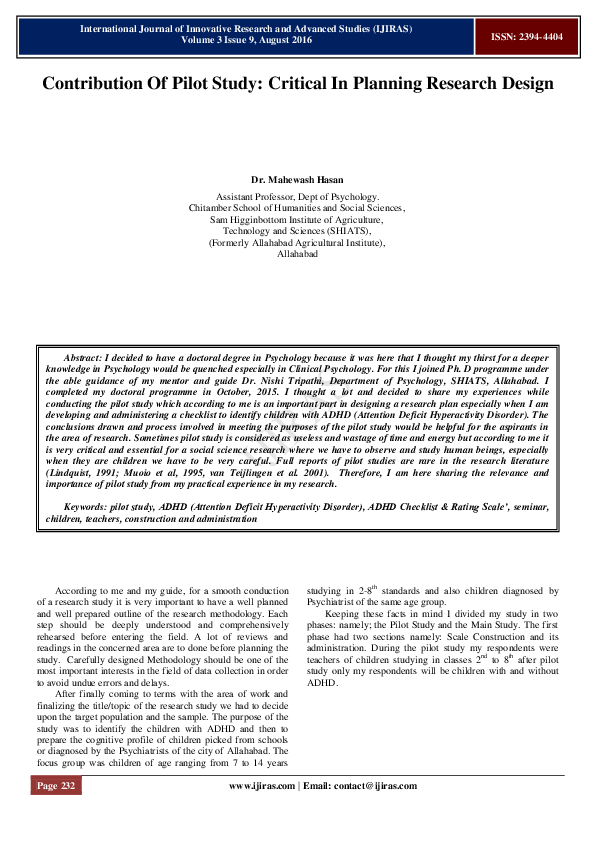 (PDF) Contribution Of Pilot Study: Critical In Planning Research Design