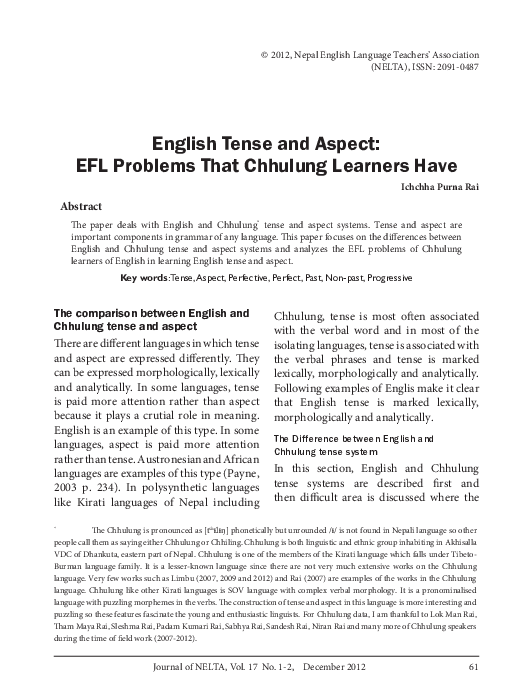 (PDF) English Tense and Aspect: EFL Problems That Chhulung Learners Have