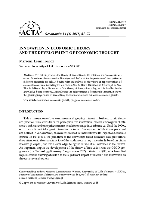 (PDF) Innovation in economic theory and the development of economic thought
