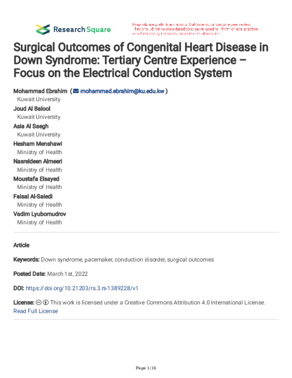 (PDF) Surgical Outcomes of Congenital Heart Disease in Down Syndrome ...