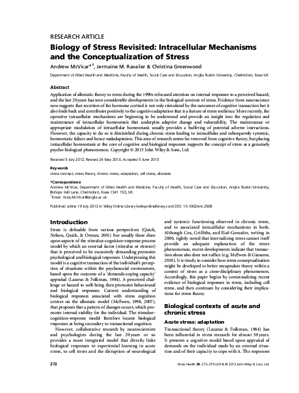 (PDF) Biology of Stress Revisited: Intracellular Mechanisms and the ...