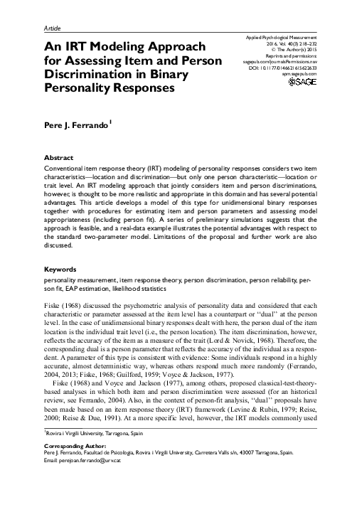 (PDF) An IRT Modeling Approach for Assessing Item and Person ...