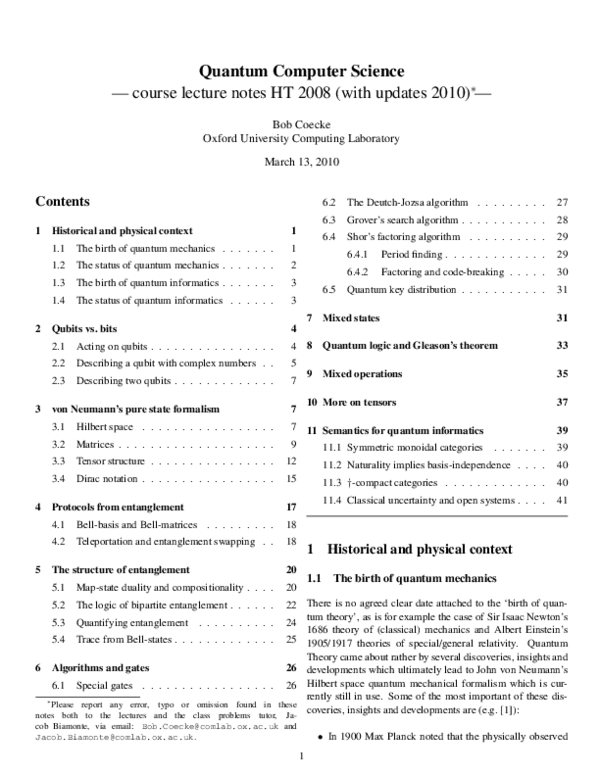 (PDF) Quantum Computer Science — course lecture notes HT 2008