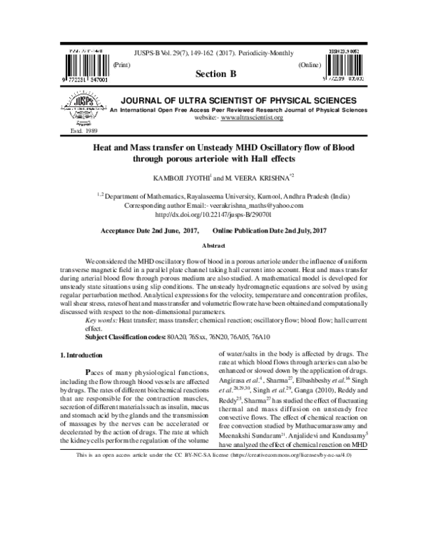 (PDF) Heat and Mass transfer on Unsteady MHD Oscillatory flow of Blood ...