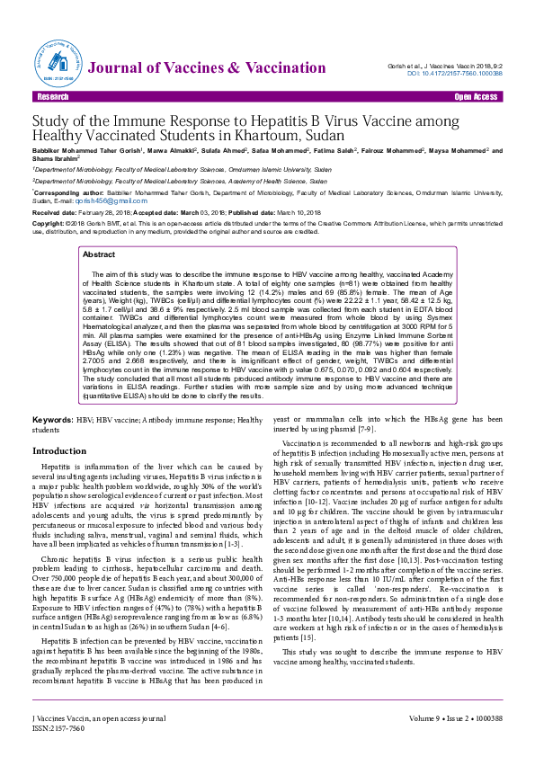 (PDF) Study of the Immune Response to Hepatitis B Virus Vaccine among ...