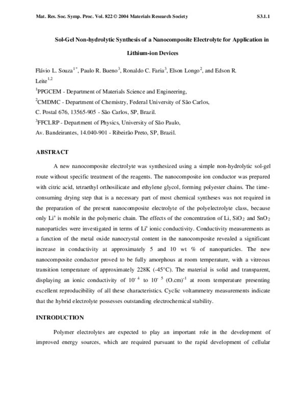 (PDF) Sol-Gel Non-hydrolytic Synthesis of a Nanocomposite Electrolyte ...