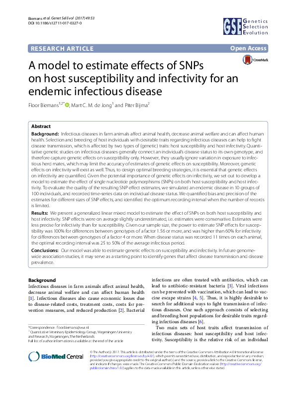 (PDF) A model to estimate effects of SNPs on host susceptibility and ...