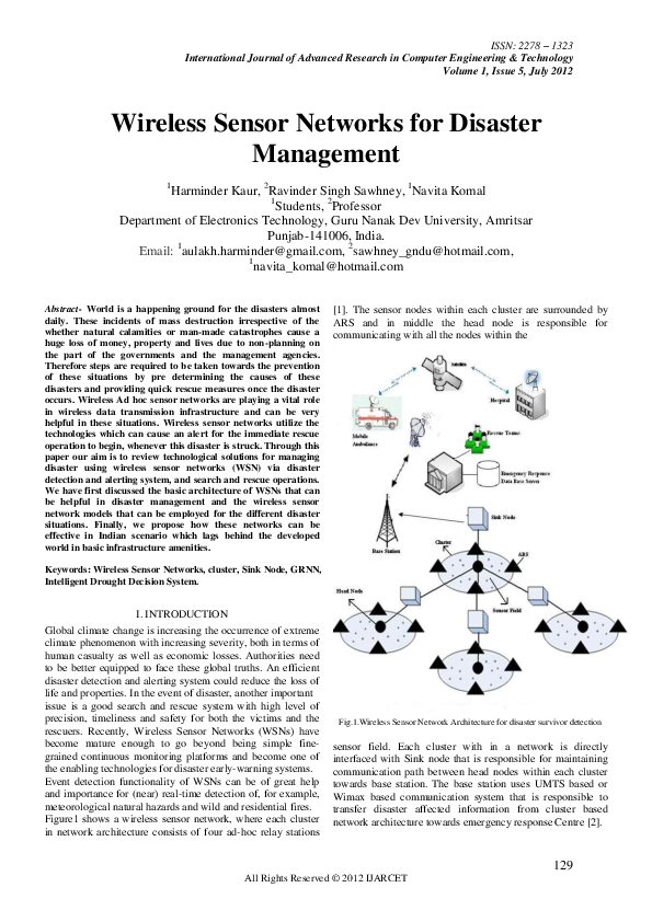 (PDF) Wireless Sensor Networks for Disaster Management
