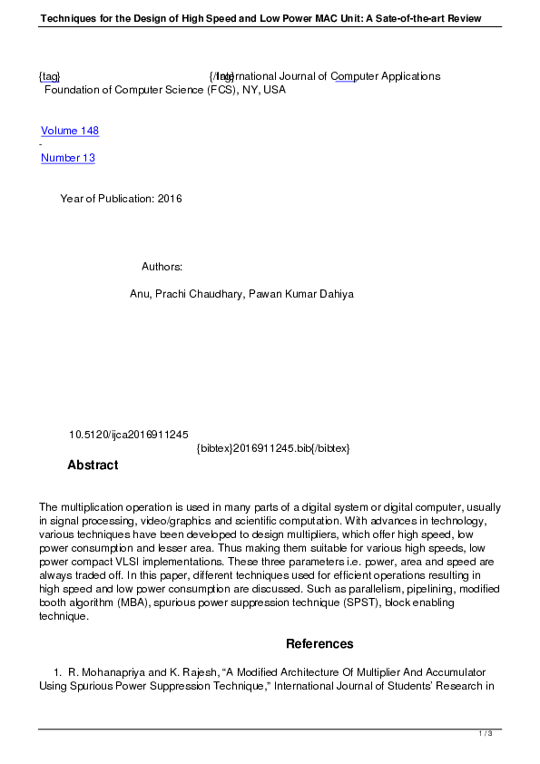 (PDF) Techniques for the Design of High Speed and Low Power MAC Unit: A ...