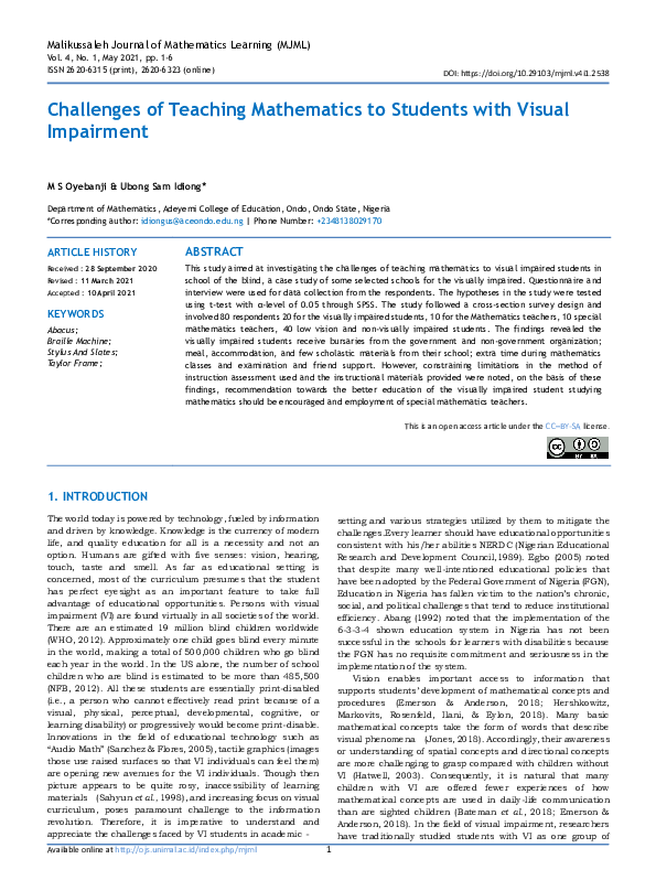 (PDF) Challenges of Teaching Mathematics to Students With Visual Impairment