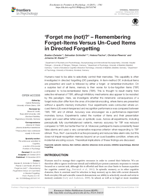 (PDF) ‘Forget me (not)?’ – Remembering Forget-Items Versus Un-Cued ...