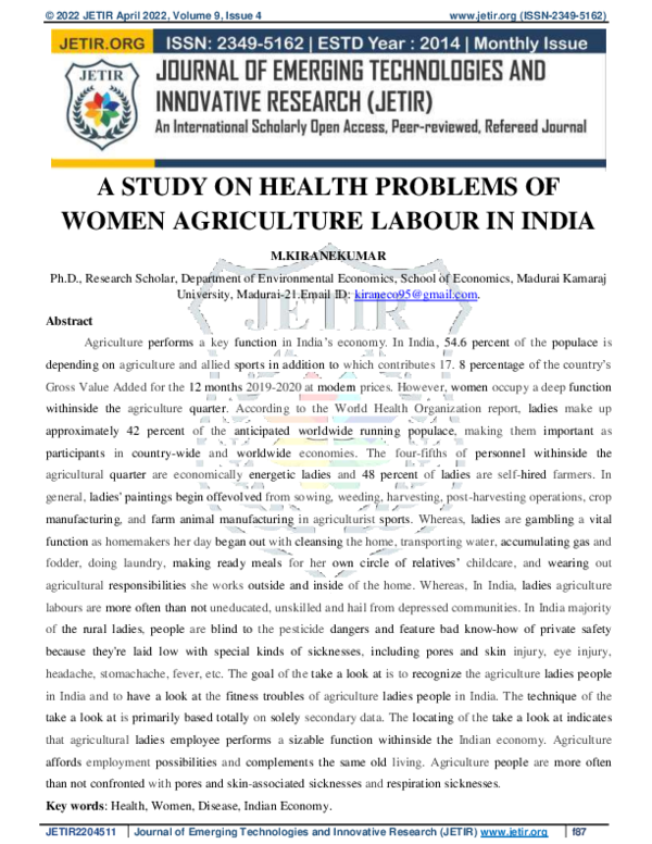 (PDF) A STUDY ON HEALTH PROBLEMS OF WOMEN AGRICULTURE LABOUR IN INDIA