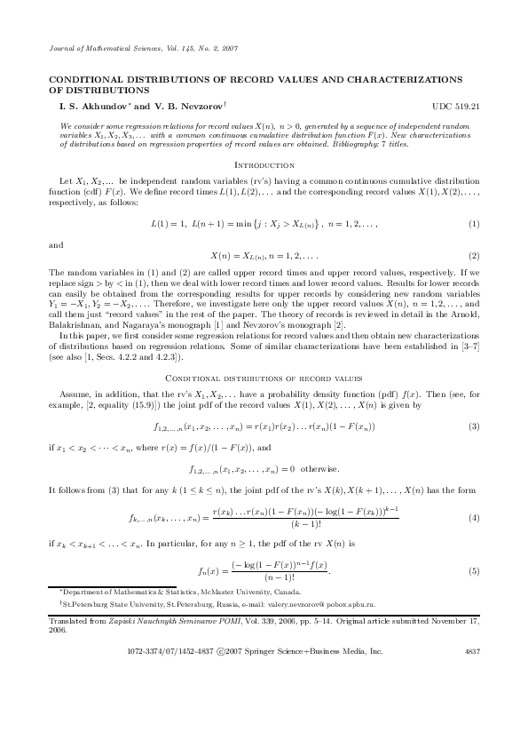 (PDF) Conditional distributions of record values and characterizations ...