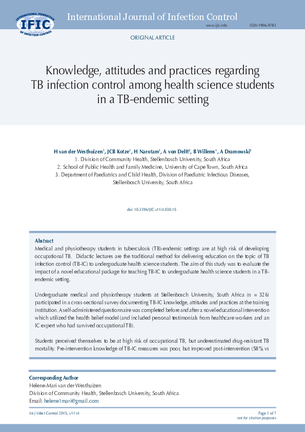 (PDF) Knowledge, attitudes and practices regarding TB infection control ...