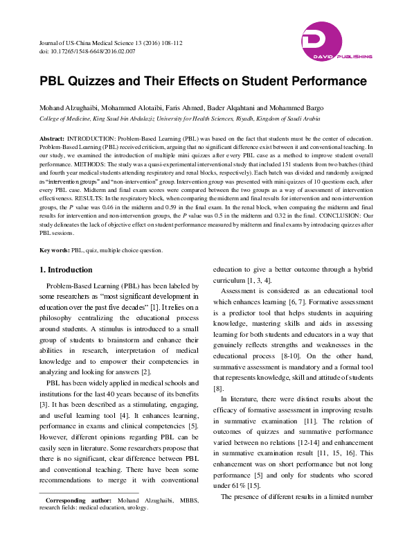(PDF) PBL Quizzes and Their Effects on Student Performance