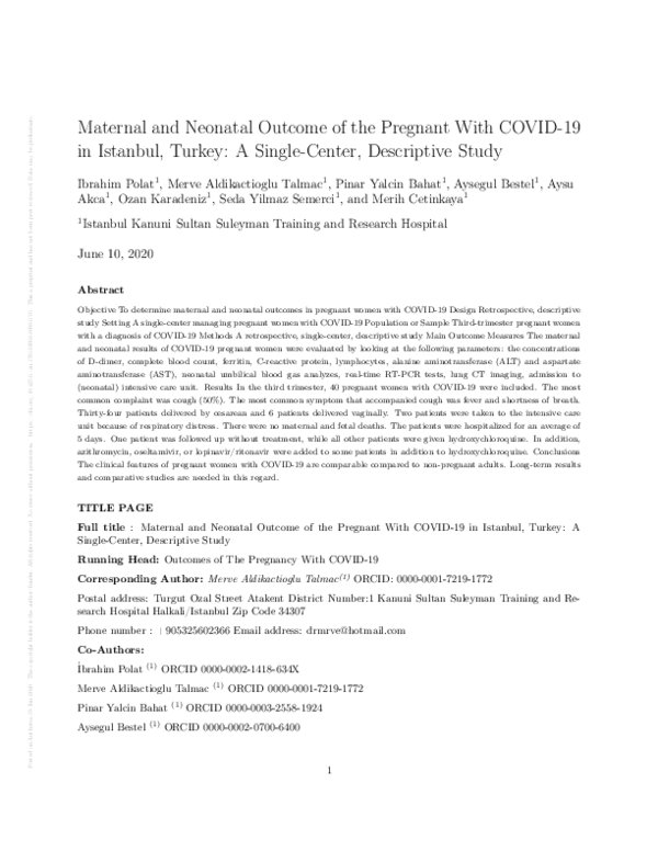 (PDF) Maternal and Neonatal Outcome of the Pregnant With COVID-19 in ...