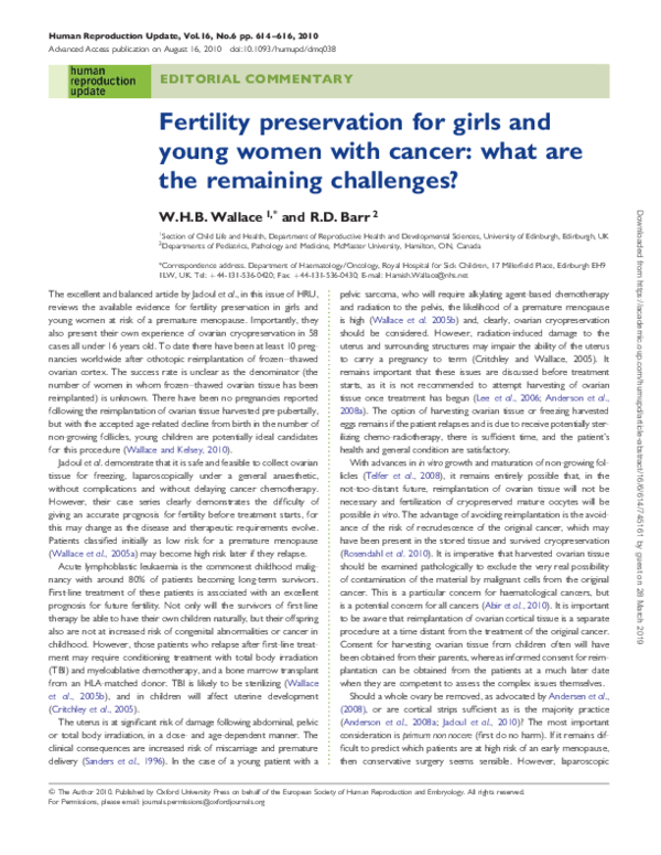 (PDF) Fertility preservation for girls and young women with cancer ...